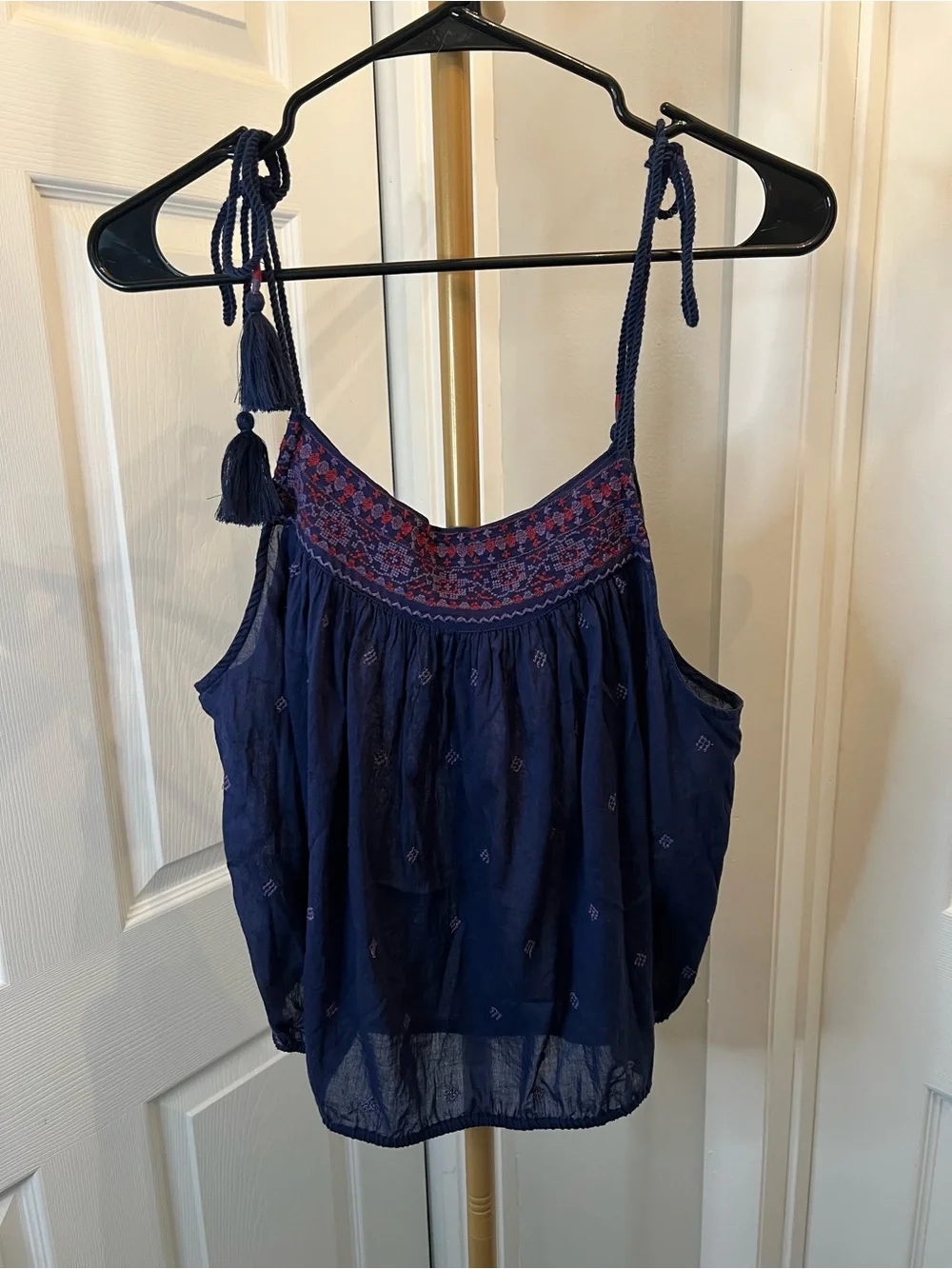 Free People Navy Embroidered Tie-Shoulder Tank
